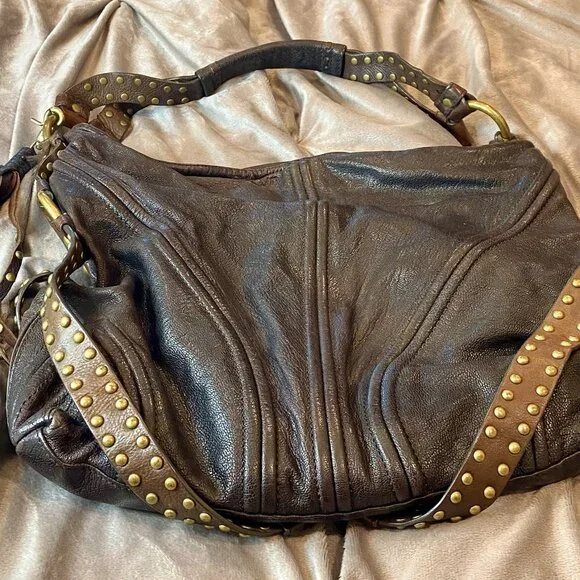 BOTKIER VINTAGE BOMBAY BURGUNDY/BROWN GOLD STUDDED TALL LEATHER HANDBAG - Picture 2 of 12